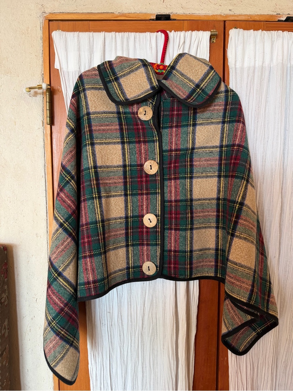 Tartan Plaid Collared Cape in beige red & green
